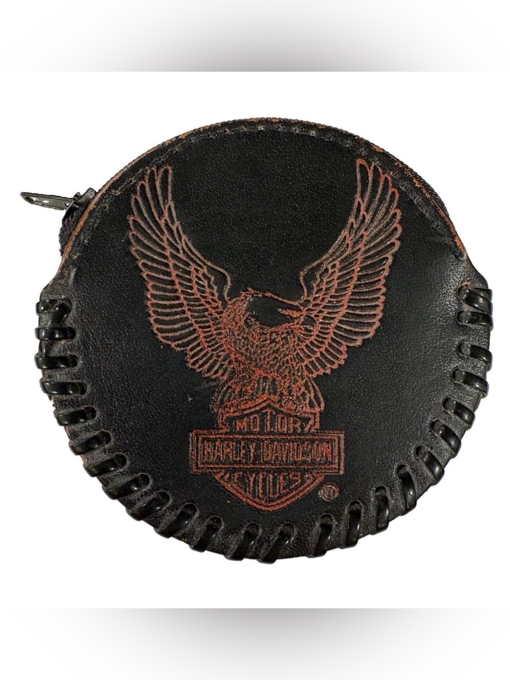 Vintage Harley-Davidson Genuine Black Leather Round Coin Pouch with Eagle Logo